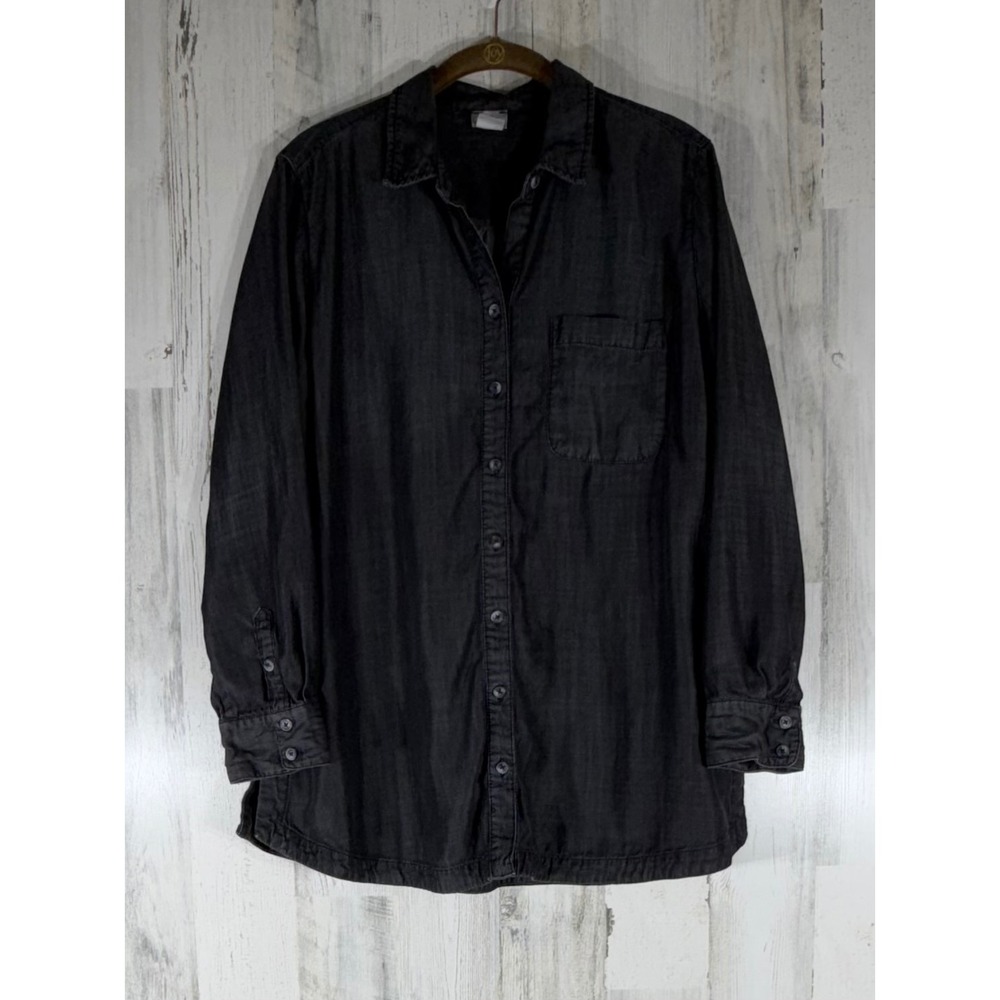 Chicos Button Front Tunic Size 2 or Large Charcoal Chambray Lyocell Chest Pocket